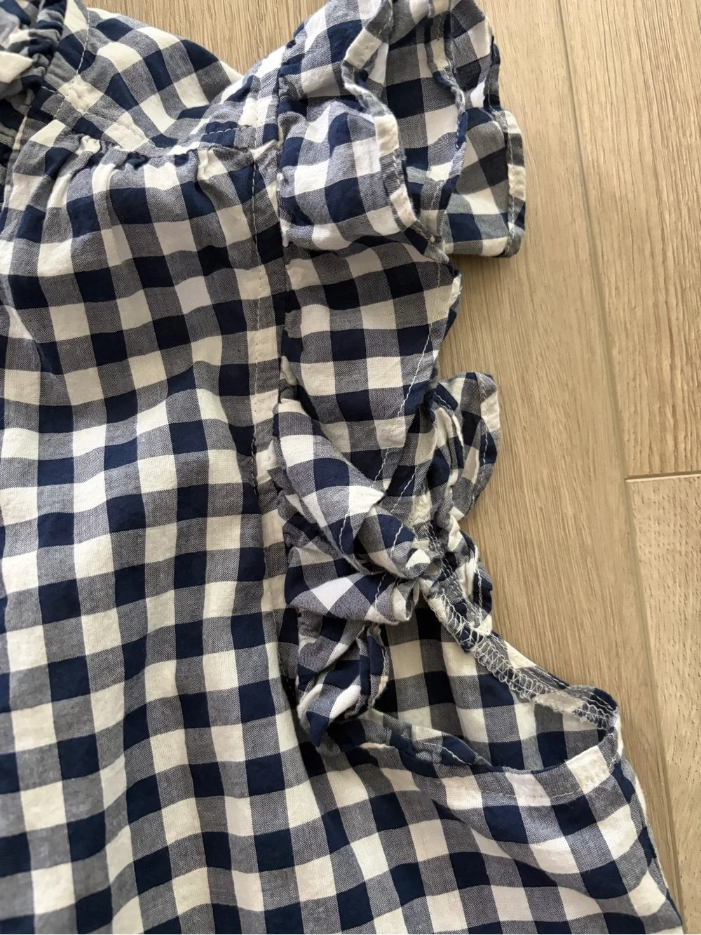 J. Crew Navy and White Gingham Ruffle Button-Front Shell